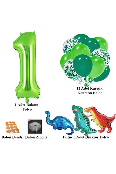 Patladı Gitti 1 Year Old Dinosaur Set; Number Foil, 3 Mini Dinosaurs and 10 Balloons