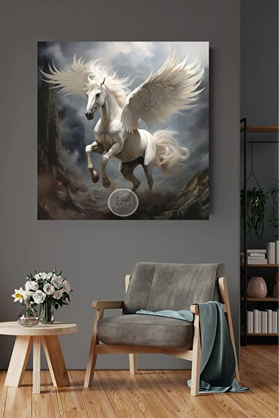 EMİLART HD KALİTE KANATLANMIŞ BEYAZ MELEK AT KANVAS TABLO