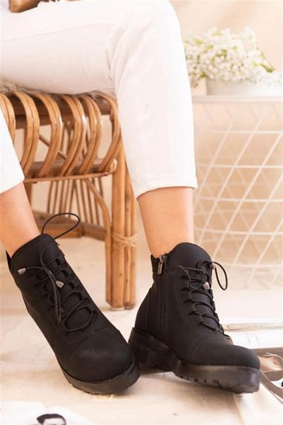 Aymood Μαύρες γυναικείες δερμάτινες μπότες Pu Nubuck Χειμερινές με κορδόνια με φερμουάρ Χοντρή σόλα 4cm με τακούνι Κοντό καθημερινό