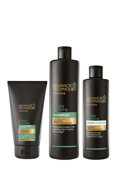 AVON Advance Techniques Yağlı Saçlar için Şampuan Saç Kremi ve Scrub Paketi