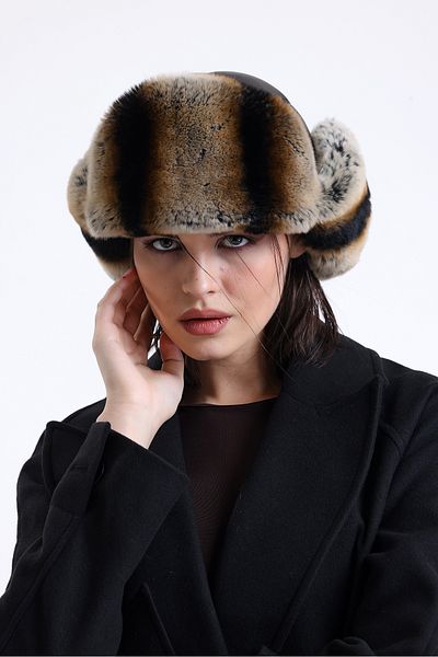 fubileather Дамска пилотска кожена шапка от естествена кожа с кафяв заек (Rex)