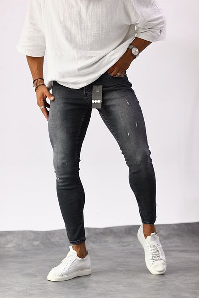 MADZEYMODA Ανδρικό καπνιστό τζιν Slim Fit με σκισμένη λεπτομέρεια