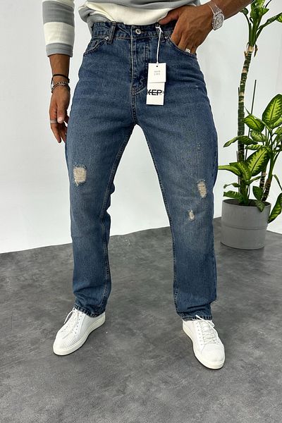 MADZEYMODA Φαρδύ ανδρικό σκισμένο λεπτομερές μπλε τζιν παντελόνι