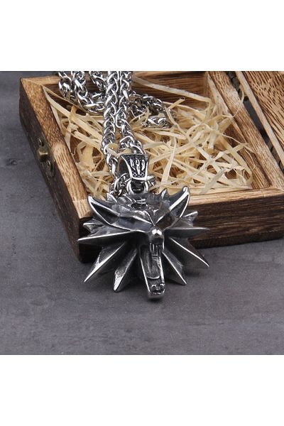 Viking Witcher Wolf 316L Men's Necklace - Big Wolf Head and Knitted Chain