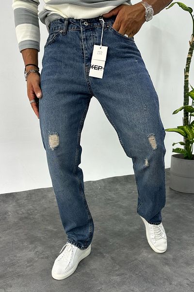 MADZEYMODA Φαρδύ ανδρικό σκισμένο λεπτομερές μπλε τζιν παντελόνι