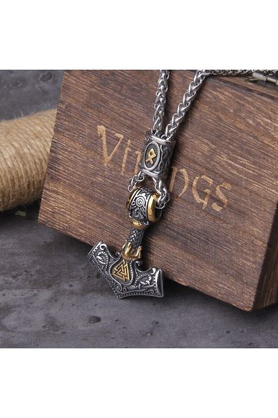 Viking Men's 316L Steel Necklace - Thor Mjollnir Othila Knit Chain with Accessories