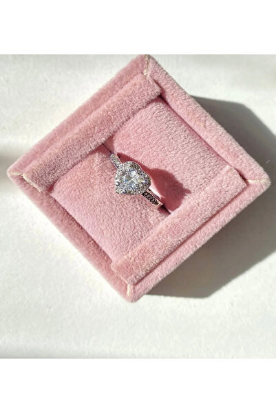 RM Bijuteri خاتم فولاذي على شكل قلب فضي اللون قابل للتعديل مع حجر الزركون