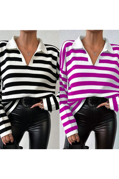 Bengi Clothing Pulover tricot cu mânecă lungă cu guler polo în dungi