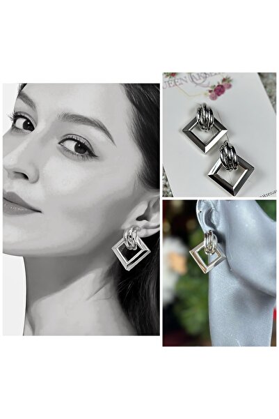 QUEEN AKSESUAR lüks marka moda kararmaz çelik model 3 katlı burgulu kare küpe...