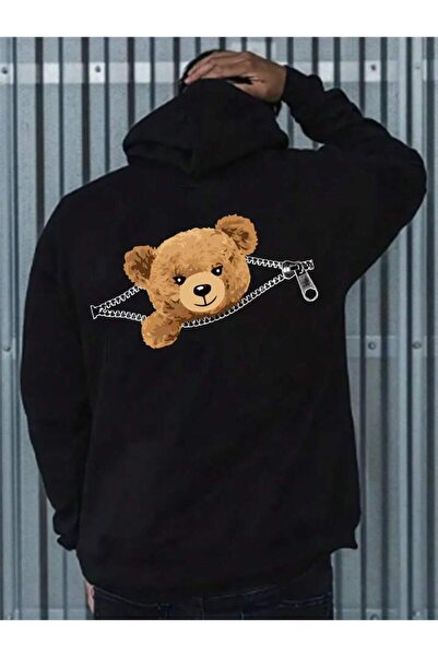 AEMİ سويت شيرت بغطاء رأس كبير الحجم للجنسين - تفاصيل سحاب على شكل دمية دب وطب...