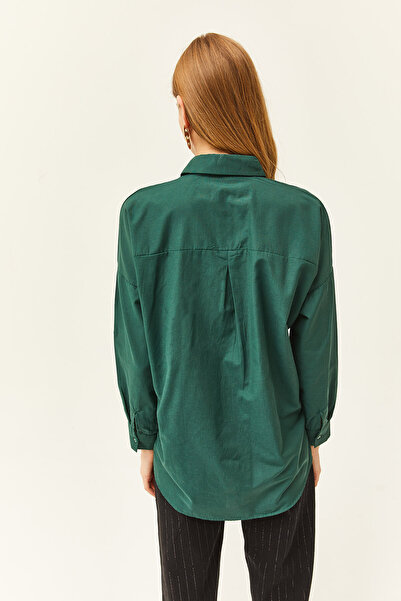 Olalook Women's Emerald Green Palm Sequin Detailed Oversize Woven Poplin Shirt GML-19001016