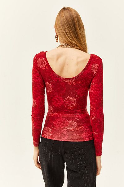 Olalook Női virág piros medencegallér Lycra puha texturált blúz BLZ-19002471