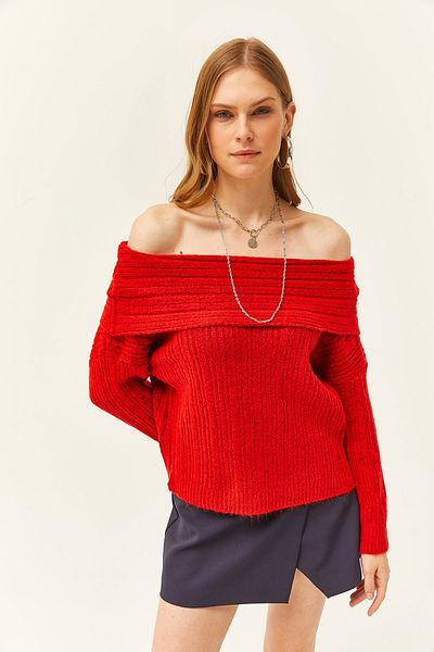 Olalook Roter Damen-Strickpullover mit Madonna-Kragen und weicher Struktur KZK-19000708