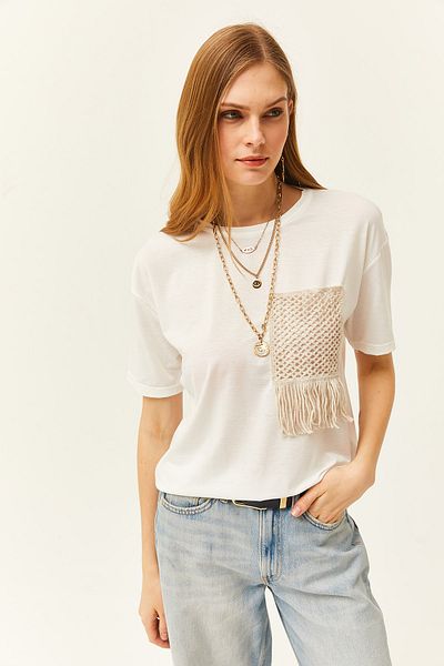 Olalook Γυναικείο T-Shirt εκρού γαρνιρισμένο TSH-19000768