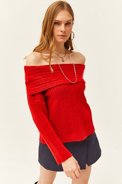 Olalook Roter Damen-Strickpullover mit Madonna-Kragen und weicher Struktur KZK-19000708