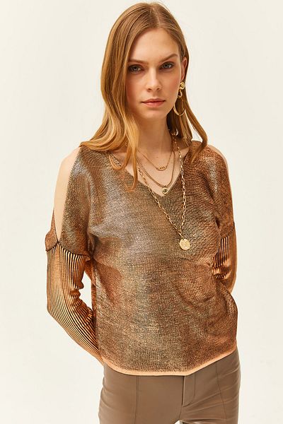 Olalook Women's Bronze Shoulder Low-cut Front Back Metallic Knit Sweater KZK-19000756