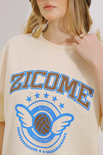 Trend Alaçatı Stili Női bézs nyakú, nyomott nagyméretű uniszex póló ALC-X11459