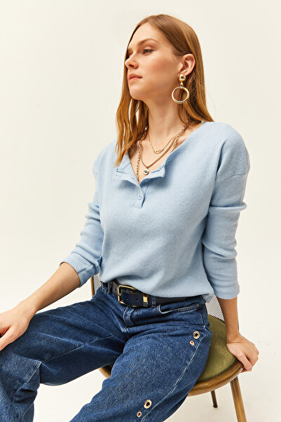 Olalook Woman Baby Blue Buttoned Raised Loose Pullover KZK-19000721