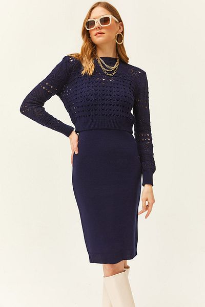 Olalook Women's Navy Blue Thin Strap Knitwear Dress Openwork Sweater Set TKM-19000241