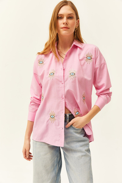 Olalook Női Candy Pink flitteres részletes szőtt barát ing GML-19000992