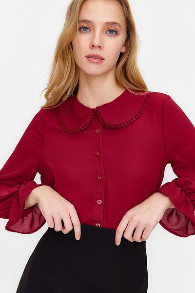 Trendyol Collection Baba gallér bordó pompon részletes ing - normál szabású szőtt TWOAW21GO0717