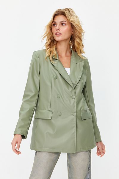 Trendyol Collection Mintfarbener zweireihiger Blazer mit gewebtem Futter aus Kunstleder TWOAW21CE0156