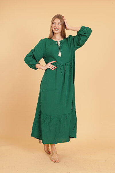 mervemoda Light Green Plus Size Drop Collar Long Sleeve Women's Dress