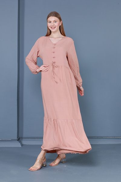 mervemoda Γυναικείο υφαντό φόρεμα σε σκόνη ροζ συν μέγεθος με λαιμόκοψη με μακριά μανίκια