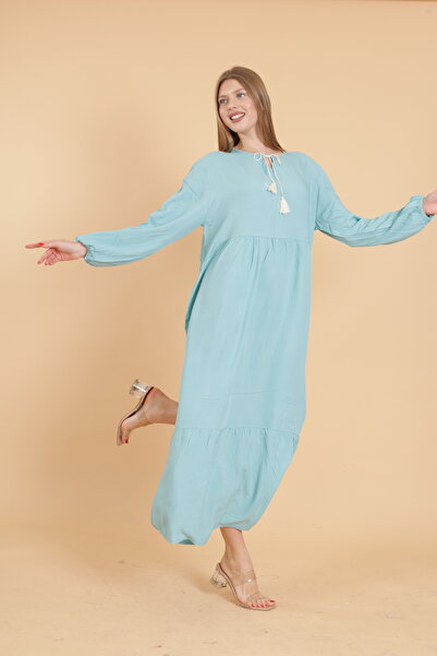 mervemoda Plus Size Mint Green Drop Collar Long Sleeve Women's Dress