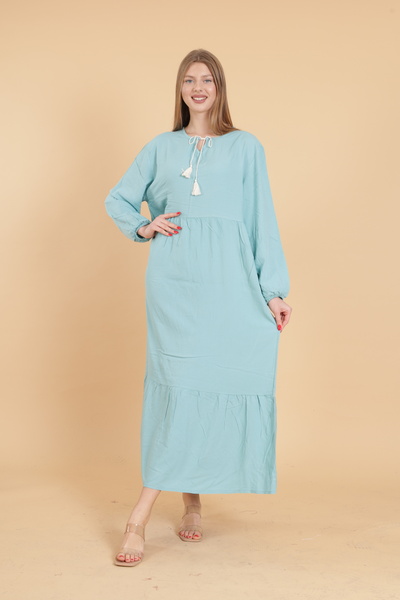 mervemoda Plus Size Mint Green Drop Collar Long Sleeve Women's Dress