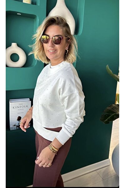 Klein Taş Işlemeli Yanı Kesik Tasarım Beyaz Sweatshirt