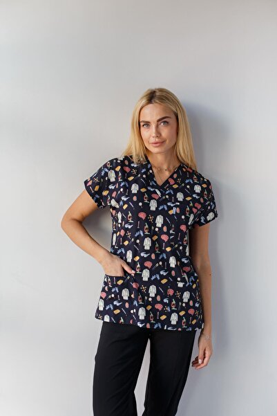 Dr. Mitra بدلة طبيب ممرضة بأكمام الخفافيش من الليكرا للنساء مع نمط مجهر