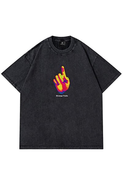 FECCY Tricou unisex oversize Strange Trails, spălat, cu imprimeu antacid