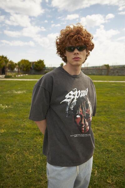 FECCY Tricou unisex oversize cu craniu stil rapper, antracit