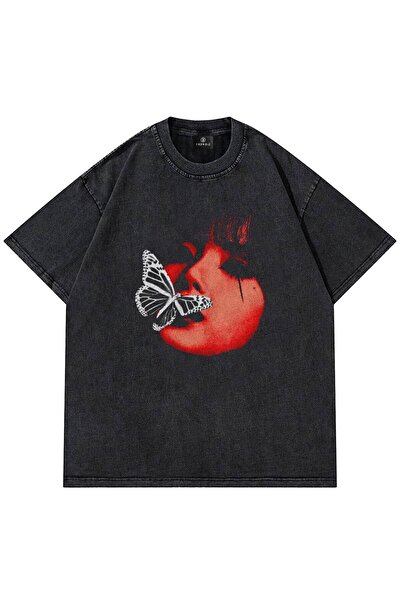 FECCY Tricou unisex oversize cu model fluture, lavabil, antracit