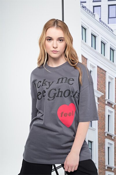 FECCY Tricou oversize pentru femei Luckyme Antracit