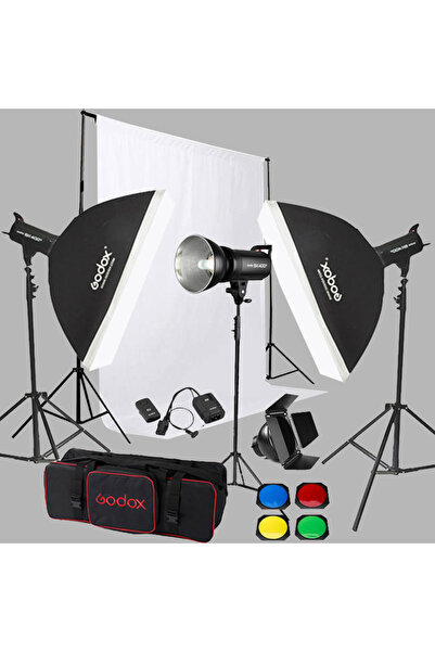 Godox SK400 3'lü Paraflaş Set + Seyyar Fon Perde 3x3 Metre