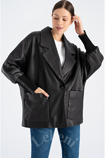 Lebeni Hakiki Deri Ceket Kadın Oversize Büyük Beden Yarasa Kol Büyük Cepli Bo...