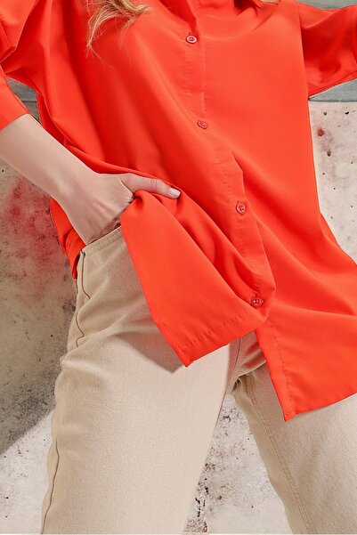 HAKKE Women's Orange Oversize Long Basic Shirt