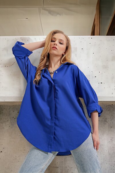 HAKKE Women's Sax Oversize Long Basic Shirt