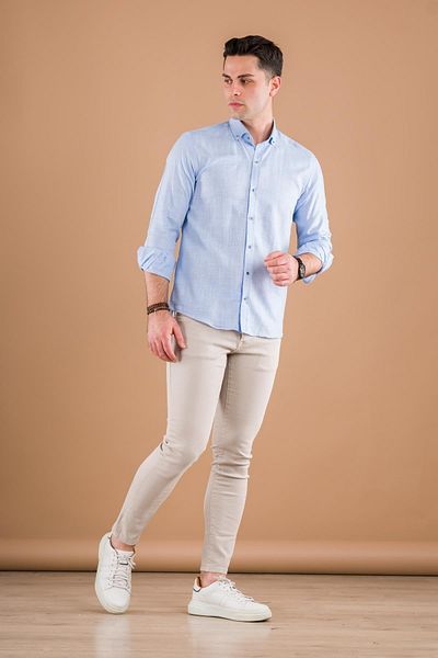 ModTime Мъжка лятна риза Slimfit от сламена текстура, тънка памучна материя