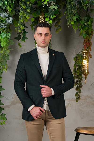 Sır Yünlü Mono Yaka Kaşmir Çift Yırtmaç 6 Drop Kışlık Erkek Tek Ceket Sr67502