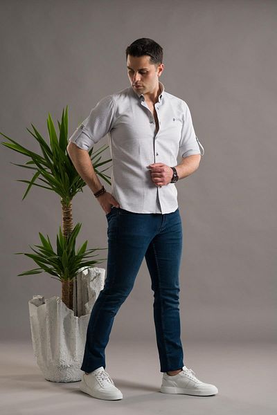 AKÇAYLAR Мъжка риза с дълъг ръкав и яка Slimfit Dobby, с копчета и прегънати копчета