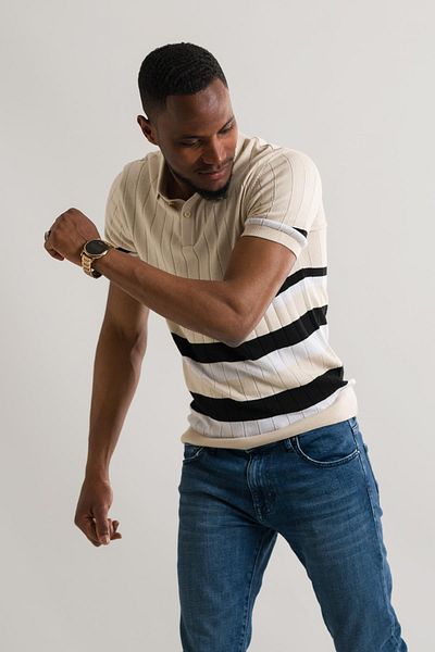 AKÇAYLAR Ανδρικό μπλουζάκι Slimfit Polo Neck Lycra ριγέ πλεκτό ύφασμα καλοκαιρινό αθλητικό