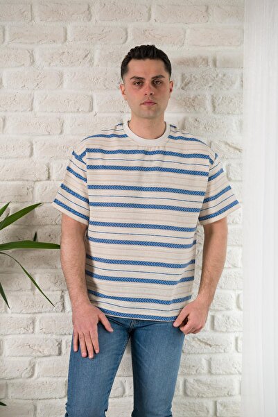 AKÇAYLAR Оверсайз літній футболка з коміром-стійкою та смужками з льону