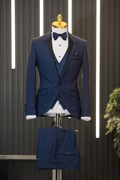 AKÇAYLAR Costum smoking Slimfit Dobby Mono cu guler cu rever, vestă reversibilă și papion
