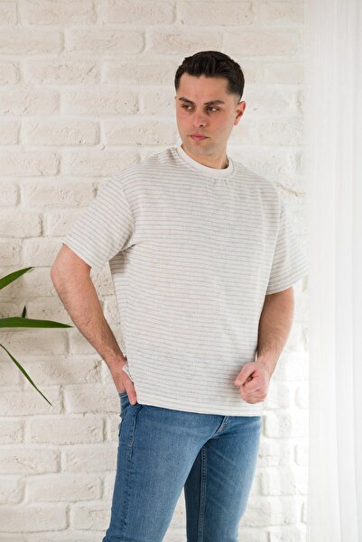 AKÇAYLAR Оверсайз смугаста футболка з велосипедним коміром з льону для літа