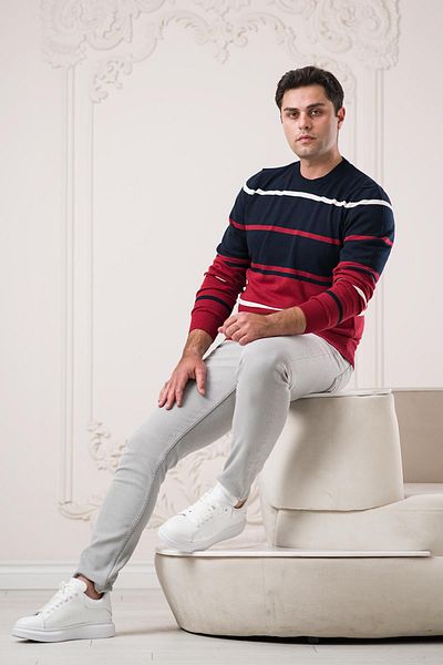 Dorss Slimfit Crew Neck Striped Cotton Men's Sports Sweater