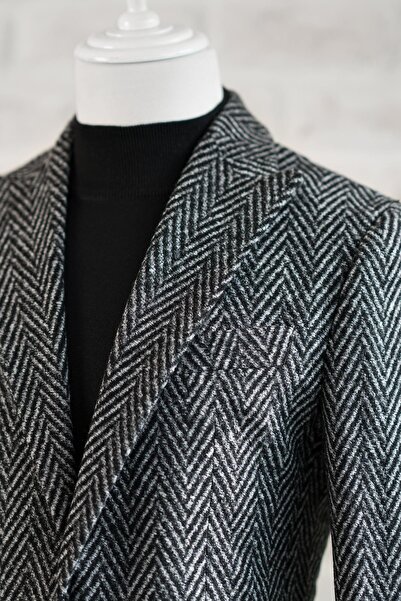 Sır Sir Slimfit Torba Cep Sivri Yaka Astarsız Çift Yırtmaç Likralı Desenli Kışlık Erkek Tek Ceket