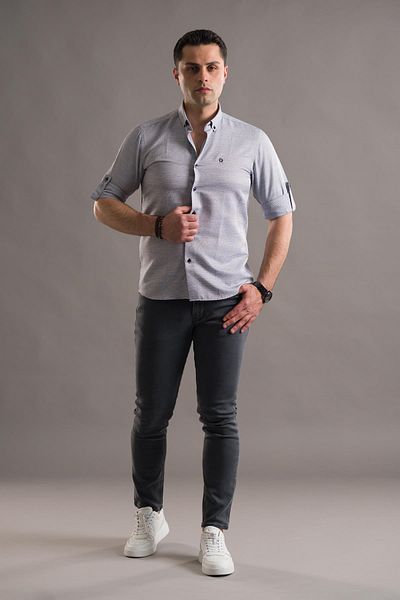 AKÇAYLAR Мъжка риза с дълъг ръкав и яка Slimfit Dobby, с копчета и прегънати копчета